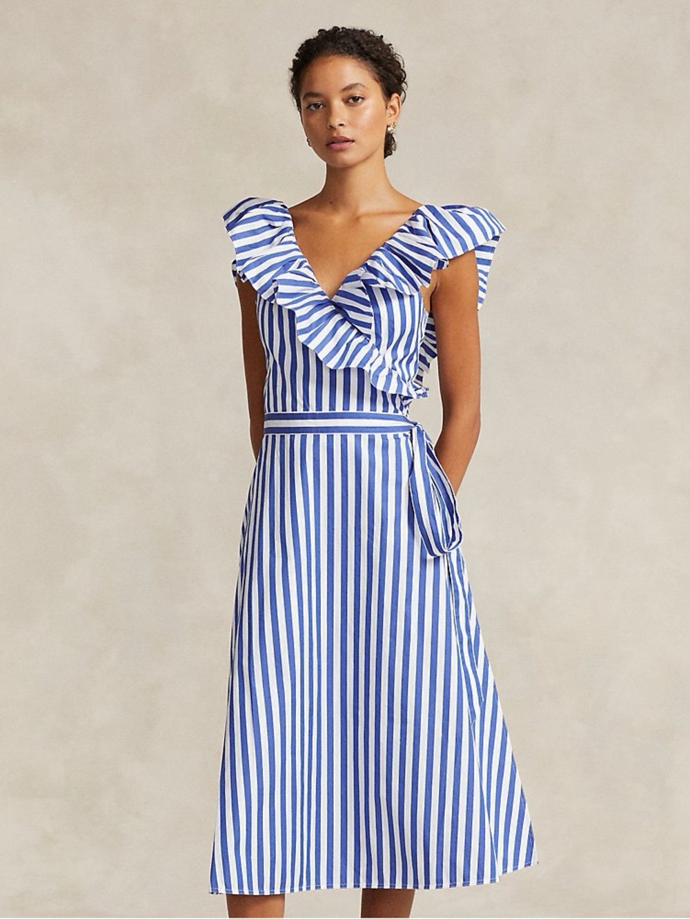 Ralph Lauren Blue and White Striped Wrap Dress with Ruffle Trim
